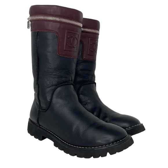 CHANEL BOOTS Black Leather Moto Engineer Italy Interlocking C Burgundy Zip 39.5 - Picture 8 of 16